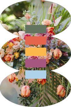 an arrangement of flowers and greenery with different colors