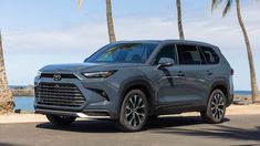 the front end of a gray toyota suv parked in front of palm trees and water