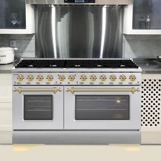 a large silver stove top oven sitting inside of a kitchen next to white cupboards