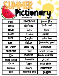 the summer dictionary with words and pictures for kids to use in their writing workbook