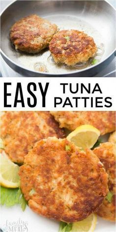 two images with the words easy tuna patties and lemon wedges in them on top