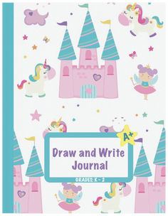 a drawing book with unicorns and princess castle on the cover, which reads draw and write