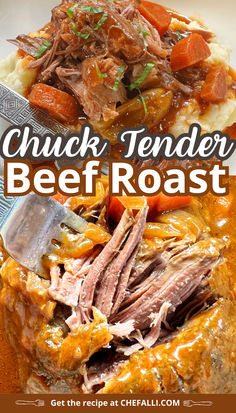 Chuck tender beef roast with mashed potatoes and a fork. Chuck Tender Roast Recipes Ovens, Beef Chuck Tender Roast Recipes, Chuck Tender Roast Recipes, Beef Roast With Gravy, Chuck Tender Roast, Beef Chuck Roast Recipes, Tender Beef Roast, Beef Tater Tot Casserole, Cooking Prime Rib Roast