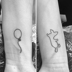 two small tattoos on both wrist and foot, one with a balloon in the shape of a dog