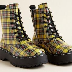 New In Box Torrid Ww Chunky Combat Boots Betsey Johnson Yellow Checkered Size 10 Ww Fit Extra Wide Width (Ww): Our Unique Fit Gives You Extra Wide Width And Extra Room Around Your Whole Foot. Extra Cushioned Footbed. Materials + Care Man-Made Materials. Imported. Details Round Toe. Lace Up Detail. Plaid Print. #Hot Topic #Betsey Johnson #Torrid Torrid Boots, Knee High Combat Boots, Chunky Combat Boots, White Combat Boots, Floral Combat Boots, Velvet Ankle Boots, Vintage Betsey Johnson, Black Combat Boots, Lace Up Combat Boots