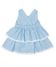 Style # PS-TM1121Made with 100% Cotton Blue Cotton Dress With Ruffled Skirt, Sleeveless Cotton Dress With Ruffled Skirt, Blue Sleeveless Dress With Ruffled Skirt, Cotton Ruffled Tiered Skirt Dress, Blue Cotton Tiered Dress, Blue Cotton Dress With Ruffle Hem, Light Blue Ruffled Dress For Daywear, Blue Layered Hem Dress For Spring, Blue Dresses With Layered Hem For Spring