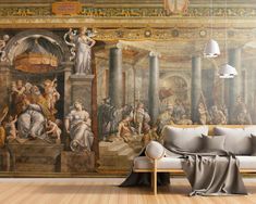 a living room with a large mural on the wall