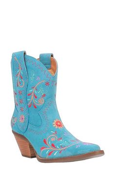 Add a dose of Western flair to your footwear collection with a leather cowboy boot boasting vibrant floral embroidery and a sharply notched topline. A thick block heel and cushioned footbed make them perfect for a night of line dancing. Cushioning: absorbs impact and distributes weight for consistent, buoyant comfort under each step 2 1/2" heel 8" shaft Pull-on style Cushioned insole Leather upper/textile lining/synthetic sole Imported Blue Western Boots For Summer, Western Turquoise Boots For Spring, Turquoise Western Boots For Spring, Western Blue Boots For Spring, Vintage Cowboy Boots, Western Boots Women, Vintage Cowboy, Leather Cowboy Boots, Western Boot