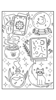 a black and white coloring book page with an image of a cat in the background