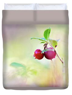 two cherries on a branch with green leaves in the background duvet cover by panoramic images