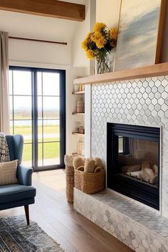 a living room filled with furniture and a fire place in front of a sliding glass door