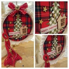 the christmas ornament is decorated with red and green plaid fabric, gold stars, and a house