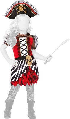 a doll dressed as a pirate with a knife and skull on it's chest