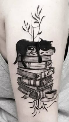 a black cat sitting on top of a stack of books with an arrow in the middle