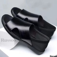 Russoo - Mens Casual Open-Toe Sandals: Non-Slip Slip-On Shoes for Outdoor Beach, Spring, and Summer Wear Black Open Toe Slip-ons, Black Open Toe Slip-ons For Summer, Black Round Toe Slip-ons For Summer, Black Slip-ons With Round Toe For Summer, Leather Slip-ons For Beach In Summer, Leather Slip-ons For Summer Beach, Summer Beach Leather Slip-ons, Black Slip-on Slingback Sandals For Summer, Summer Slip-ons With Rubber Sole In Slide Shape