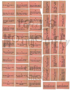 several pieces of pink paper with numbers and words on them, all lined up in rows