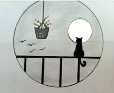 a drawing of a cat sitting on a railing