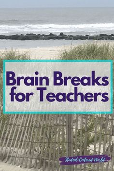 a sign that says brain breaks for teachers on the beach with sand dunes and grass