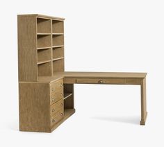 a wooden desk and bookcase with drawers on each side, against a white background