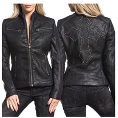 Reposhing This Item I Purchased. Loved It, But Ready To Rotate For Something New. This Is A Beautiful Size Small Limited Edition 100% Genuine Leather Black Affliction Cross Back Jacket!! It Was Worn Only One Time For A Few Hours And Has Been Dry Cleaned So It's Literally Perfect And Ready To Go!! You Won't Find This One Again! Questions? Leave A Comment Below! Chosen As Host Pick For The October Outfits Posh Party 10/1/2024!! Chosen As Host Pick For The Fall First Look Posh Party 10/14/2024!! Ch Rocker Winter Outerwear With Rhinestone Rivets, Rocker Style Winter Outerwear With Rhinestone Rivets, Black Biker Outerwear With Rhinestone Rivets, Black Outerwear With Rhinestone Rivets And Long Sleeves, Black Long Sleeve Outerwear With Rhinestone Rivets, Biker Outerwear With Rhinestone Rivets For Winter, Black Biker Jacket With Rhinestone Rivets For Winter, Black Leather Jacket With Rhinestone Rivets For Winter, Black Biker Jacket With Rhinestone Rivets For Fall