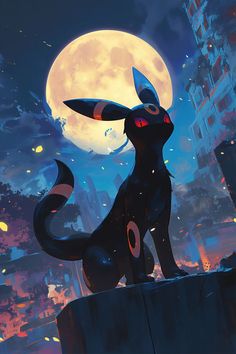 Umbreon from Pokémon standing on a ledge, bathed in the soft glow of moonlight behind him, emanating an aura of mystery and elegance in this captivating portrayal of the Dark-type Pokémon. Umbreon Art, Charmander Art, Umbreon Pokemon, Old Pokemon, Cool Pokemon Cards