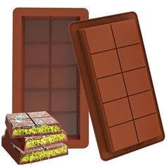 three chocolate bars are stacked on top of each other, one is half filled and the other half empty