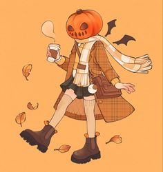 a drawing of a girl with a pumpkin on her head, holding a coffee cup