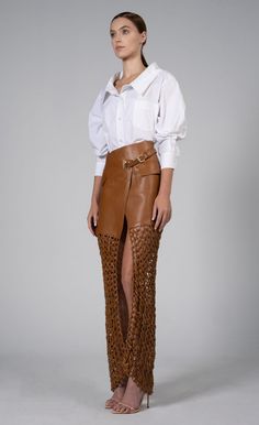 High-waisted skirt Leather Kallan Brown Chic Asymmetrical Skirt With Belt, Luxury Fitted Skirt With Belt Loops, Luxury Fitted Brown Skirt, Fitted Leather Belted Skirt, Net Skirt, Crochet Weaves, Woven Pattern, Fashion 2024, Closet Staples