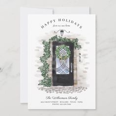 a holiday card with an image of a door and ivy on the front, which reads happy holidays from our home