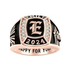 Live it up your senior year with this stylish Rose Gold class ring! Our design showcases your initial accented with 12 birthstones in the color of your choice. Enhance the customized look with your name, sports, clubs and other interests to create a ring completely unique to you. Include a personal quote along the inside band. This school ring is a special gift to yourself that you will always treasure. Personalization cannot contain any special characters, emojis or shapes. Size: one size.  Gen School Rings, Gold Class, Sports Clubs, Senior Year, Special Characters, Showcase Design, Special Gift, Personalized Jewelry, Class Ring