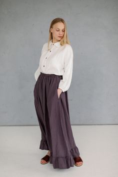 Linen maxi skirt with ruffles for women. Romantic, flowing and soft: made from soft linen it feels extremely smooth and pleasant on the skin. * Made of 100% natural washed and soft medium weight OEKO-TEX certified linen (160g). * Linen skirt with two inner pockets on the sides. * Ruffled bottom. * High-waisted, flared shape skirt. * Color in the picture: purple. Discover more of La Petite Alice organic linen clothes and accessories here: https://www.etsy.com/shop/Lapetitealice **The shipping cos Picture Purple, Linen Maxi Skirt, Skirt With Ruffles, High Waisted Maxi Skirt, Ankle Length Skirt, Boho Skirt, Feminine Fashion, Dyed Linen, Boho Skirts