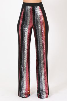 Shine the night away in these colorful sparkle detail pants. -High waist colorful striped sequin pants- Solid color on back w/ zipper - Flared leg design -Stretchy CARE: - Hand wash cold, do not bleach, flat dry Fabric: KNIT AND WOVEN Sequence Pants, Butterfly Stomach, Pants Png, Sequin Pant, Sequin Pants, High Waist Pants, Pants Large, Bell Bottom Pants, Leg Design