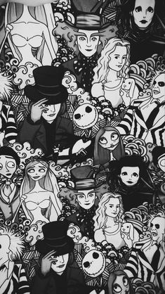 black and white drawing of people dressed up in costumes, with faces drawn on them