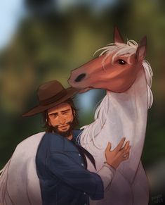 a man in a hat is hugging a horse