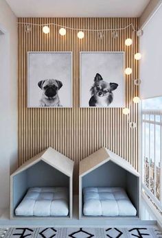 two dog houses are on display in the living room