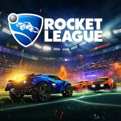 the rocket league logo with three sports cars in front of an arena full of fans