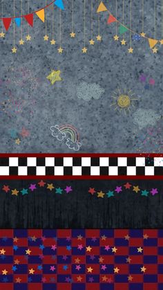 four different patterns with stars and clouds on the same fabric, one in red, one in blue