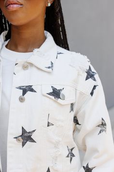 Featuring a unique starry design, the STARRY EYED DENIM JACKET offers a fashionable and stylish look. Made with high-quality denim material, this jacket is durable and comfortable to wear. Stand out from the crowd and add a touch of whimsy to your wardrobe with this statement piece. Casual Cotton Outerwear With Star Patch, Trendy Denim Star Print Outerwear, Trendy Denim Outerwear With Star Print, Trendy Denim Jacket With Star Print For Spring, Trendy Spring Outerwear With Star Patch, Trendy Denim Jacket With Star Print, Casual Star Print Denim Jacket, Casual Denim Jacket With Star Print, Casual Star Print Denim Jacket For Spring