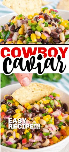 this cowboy caviar is loaded with black beans, corn, and green peppers