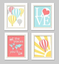 four colorful hot air balloons are shown in this set of four art printables