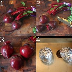 four pictures showing the steps to make an apple cake with foil wrappers and vegetables