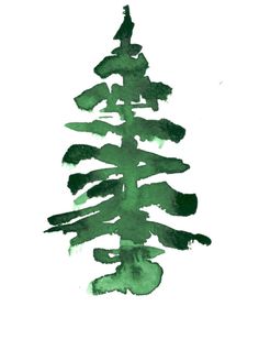 a green christmas tree painted with watercolors on white paper in the shape of a pine