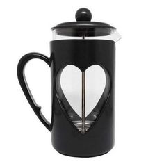 a french press coffee maker with a heart shaped handle