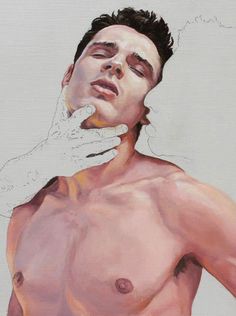 a painting of a shirtless man holding his hand to his face