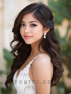 Curled Hair Down Pinned Back, Bridal Hair Down Black Hair, Wedding Hair Side Bangs, Side Look Hair Hairstyles, Wedding Hairstyles With Side Part, Side Part Hairstyles Braid, Formal Hairstyles For Long Hair Side Part, Square Face Bridal Hairstyles, Prom Side Hair