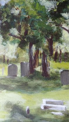 a painting of a cemetery with trees and tombstones