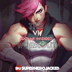 the vi character has pink hair and is wearing a black vest with white lettering on it