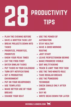 a red and white poster with the words 28 productivity tips on it, in front of a