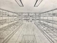 a drawing of a grocery store filled with lots of shelves and baskets on each shelf