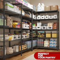 a large pantry with lots of food and drinks on shelves, labeled perfect for your pantry